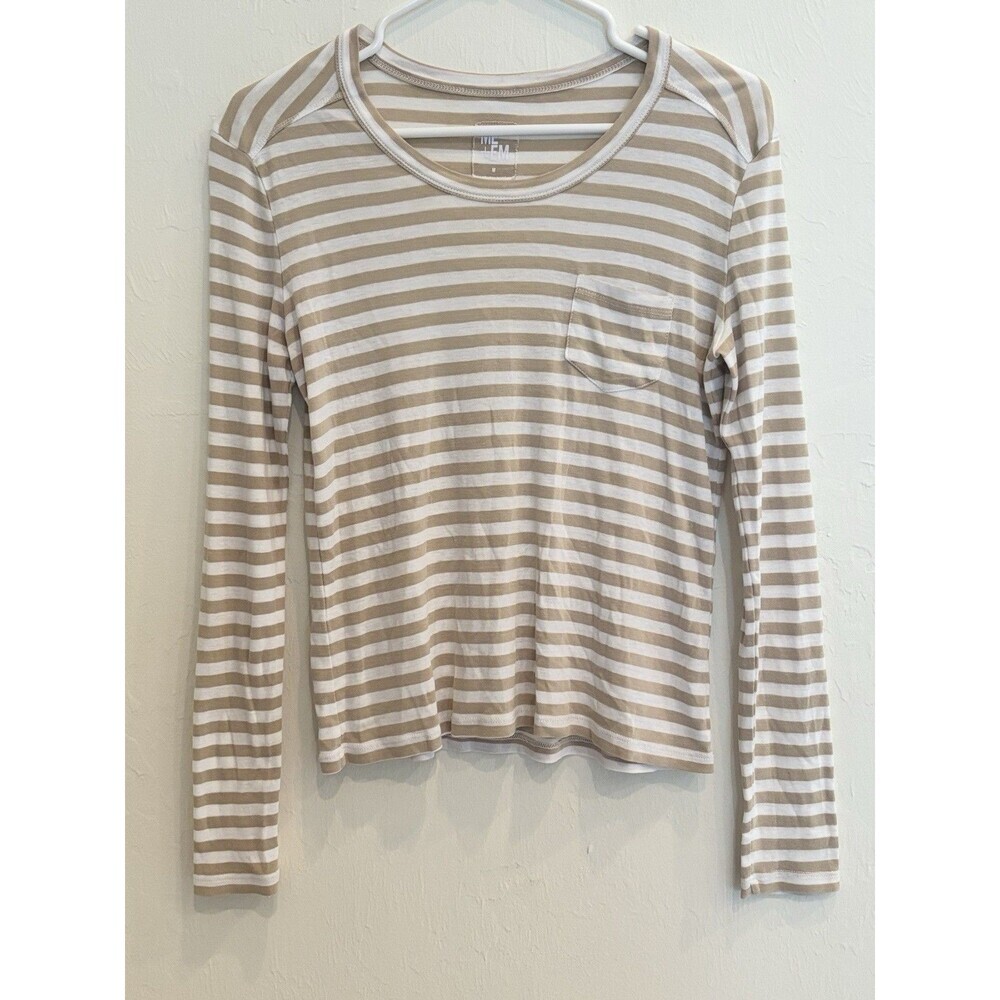 Me + Em Striped Long Sleeve Pocket Basic Tee Top Camel & White Cotton Women’s M